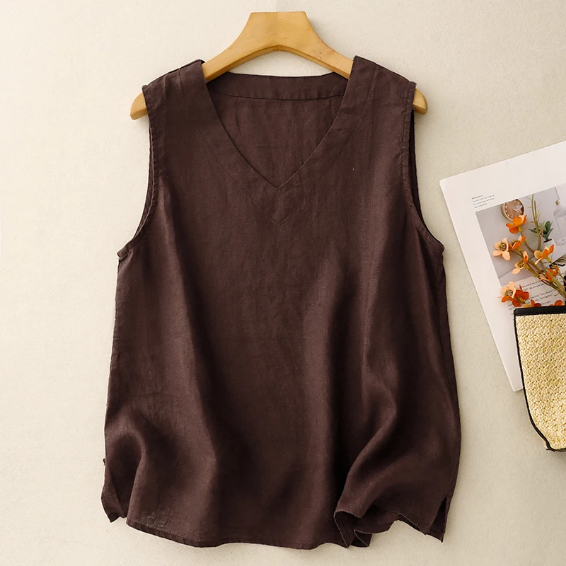 Loose Fit Kwaliteit Katoen Linnen V-Ne Vest Koffie Dunne ort Top Nieuwe Sle Artistieke Veelzijdige Straight Cut Zomer T-shirt