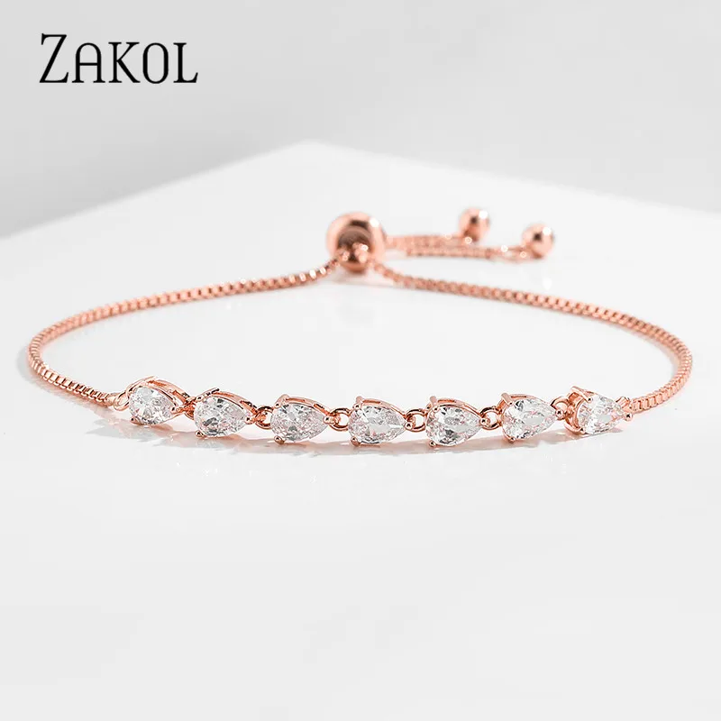 ZAKOL Brand Waterdrop Shape Cubic Zirconia Crystal Adjustable Bracelets for Women Wedding Party Jewelry Gift FSBP2227