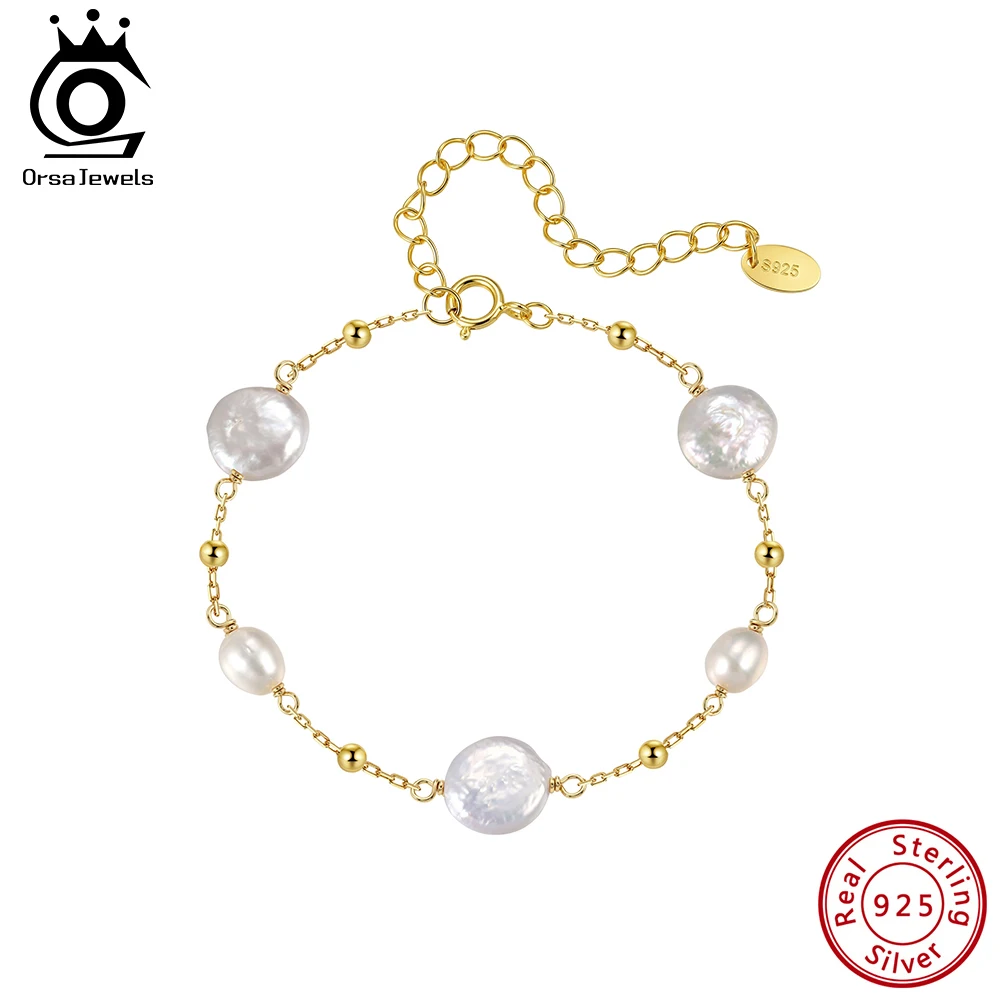 ORSA JEWELS 925 Sterling Silver Natural Pearl Beads Hand Chain Wrist Bracelet High Quality Fashion Chic Wedding Jewelry GPB59