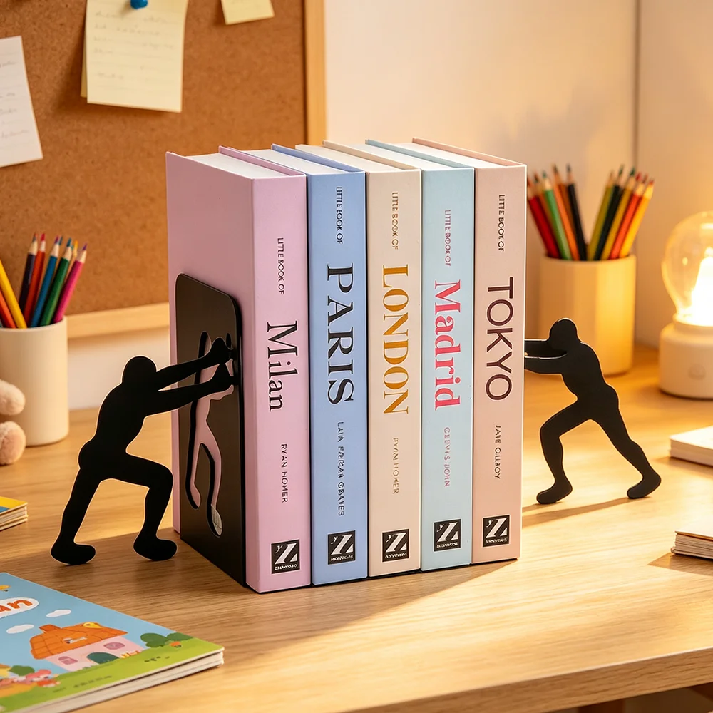 Creative hollow out human silhouette push fit book stand decoration, modern metal fun unique black DVD bookshelf.