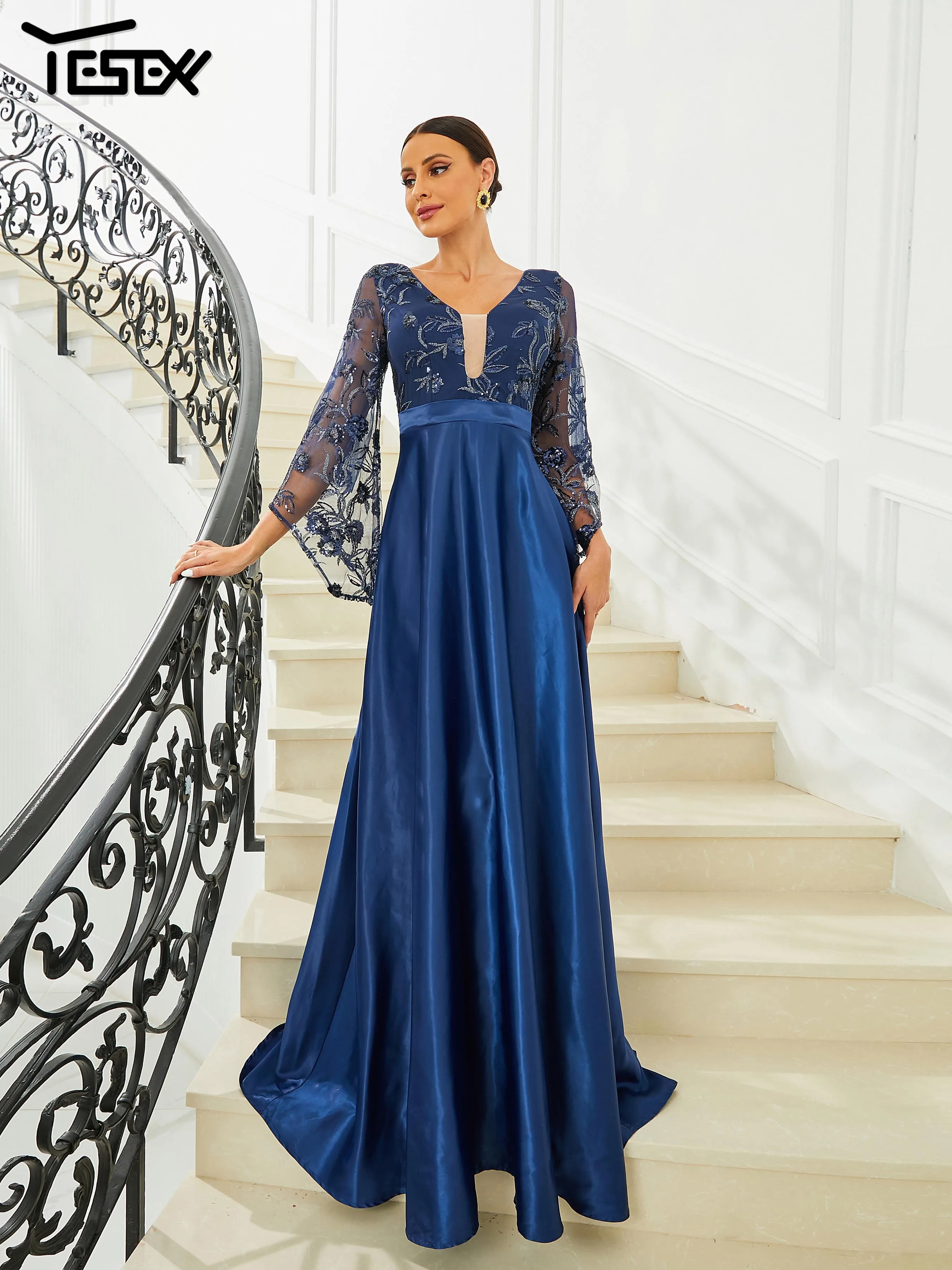 Yesexy New Bell Sleeve Blue Elegant Party Dresses For Women 2023 V Neck A Line Prom Party Evening Dress