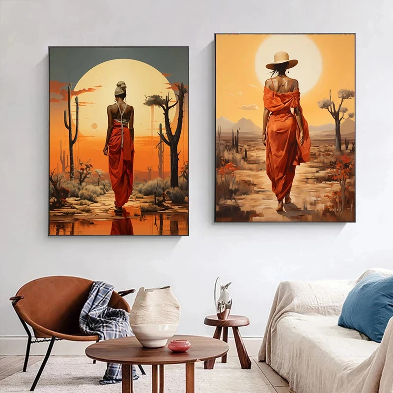 African Women with Sun Canvas Painting Wall Art Poster Prints Elegant Female Picture for Living Room Bedroom Cafe Decoration