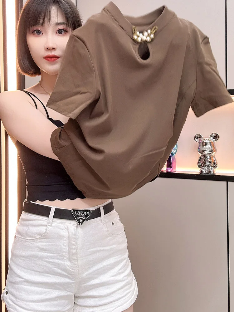 

Летняя модная асимметричная футболка с объемными плечами, женская облегающая футболка с вырезом f Sve, новый китайский топ из смеси хлопка Quali