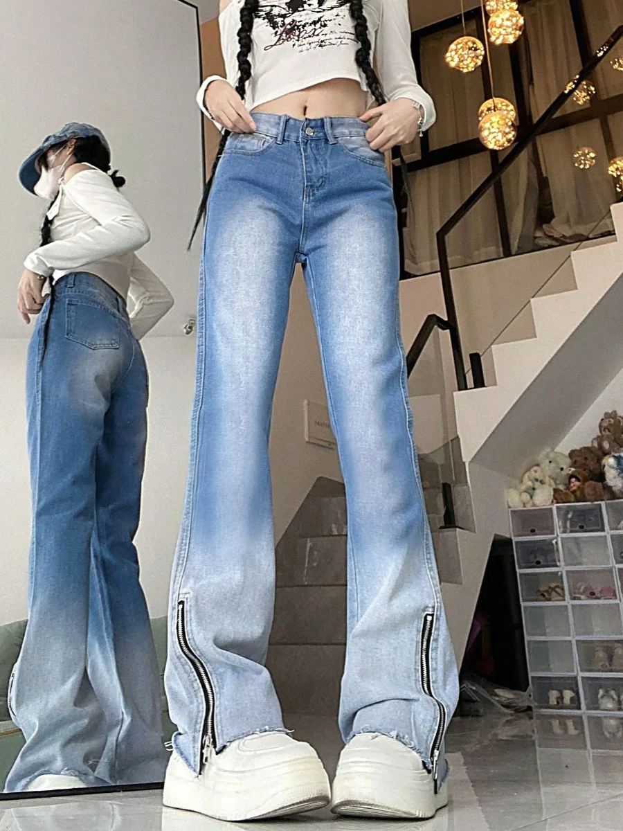 

Шикарные американские ретро-джинсы с высокой талией, прямые, удлиненные, с градиентным цветом, разрезами и микро-клешем, женская мода