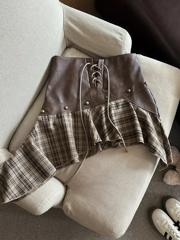 

Асимметричная цветная юбка из искусственной кожи Blo, юбка трапециевидной формы с высокой талией для женщин, весна-осень 2024, новинка Sle, повседневная полиэстеровая юбка...