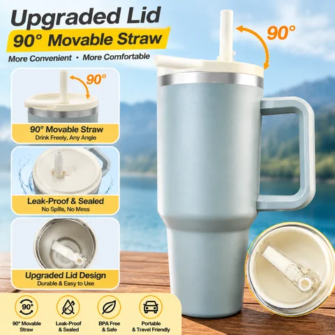 40oz 1200ML Insulated Tumbler W/Handle & Straw, Double Wall Thermal Cup, Travel Coffee Mug, Gift