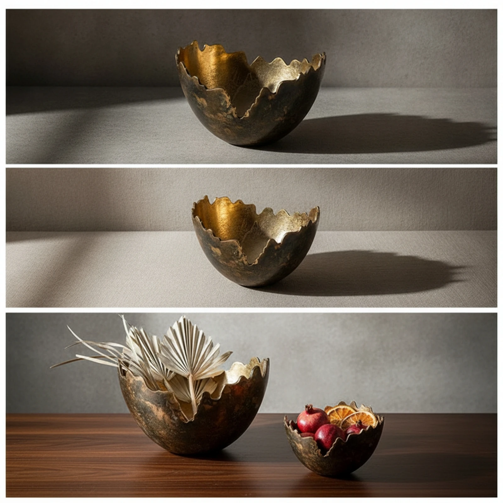 Decorative Bowl Hammered Metal Bowl with Scalloped Rim Vessel Textured Rustic for Decorators, Coffee Table, Entryway Console