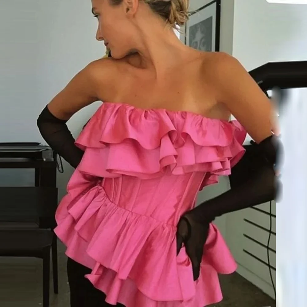 

Розовая блузка с открытыми плечами и рюшами, женский летний топ, высокая и низкая асимметричная рубашка для вечеринок, женские красивые топы