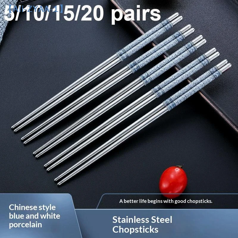 【ZYAA-1】5/10/15/20Pairs Stainless Steel Porcelain Print Chopsticks Non-slip Chinese Chopstick For Cooking Eating Easy To Clean
