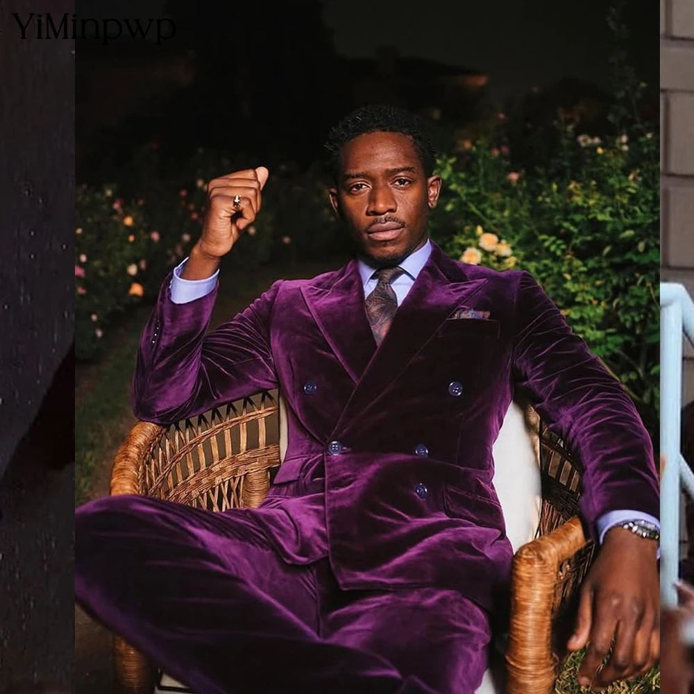 

Purple Men's Suits Set Formal Wedding 2 PCS Peaked Lapel Double Breasted Velvet Party Banquet Tuxedos Suit Jacket+Pants XS-5XL