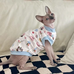 Soft Cotton Short Sleeves T-Shirt for Sphynx Cat Dogs in Summer Blue Cute Coat Elestic Cartoon Pajamas for Kittens Pet Supplies