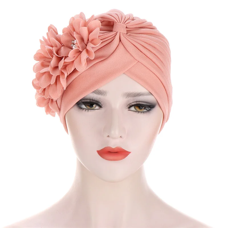 

Women Flowers Ruffle Turban Caps Muslim Elastic Pearls Headscarf Bonnet Ladies Hair Accessories Indian Cap Turbante Mujer