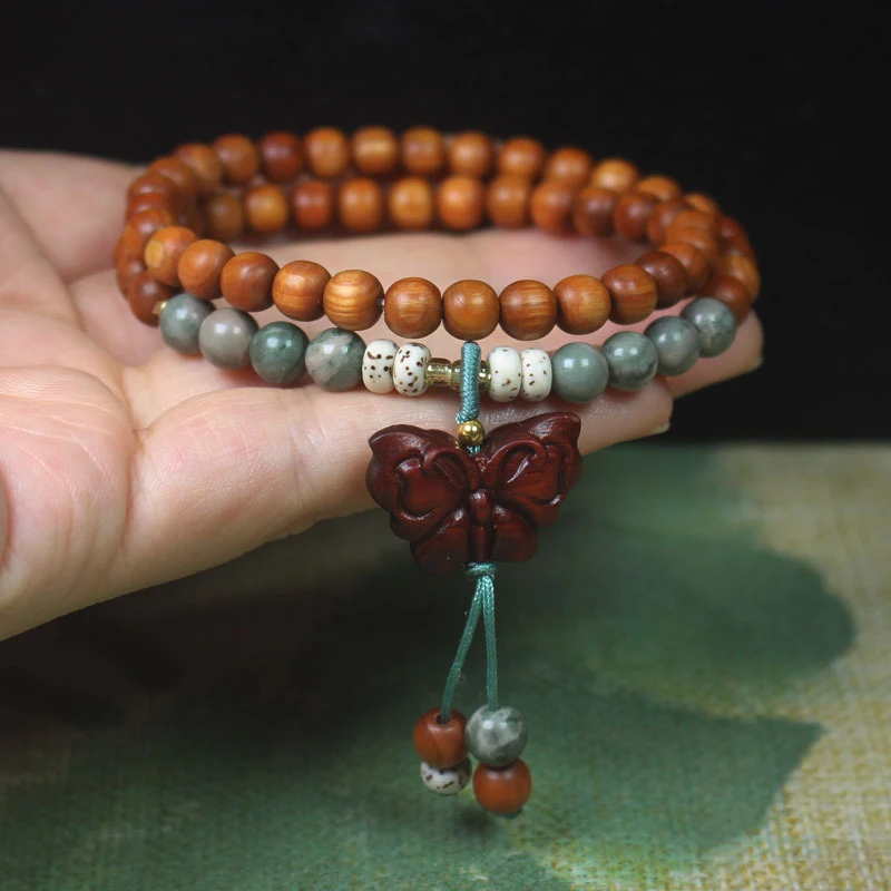 

Birch wood high-oil 6mm double-ring Buddhist bead bracelet with butterfly design, women's personalized forest-style cultural bea
