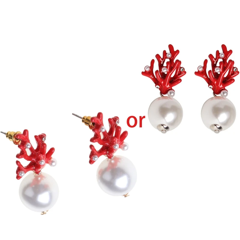 652F Retro Red Acrylic Coral Faux Pearl Stud Earrings Women Charming Ear Stud Earring Jewelry Birthday Gift for Girlfriend