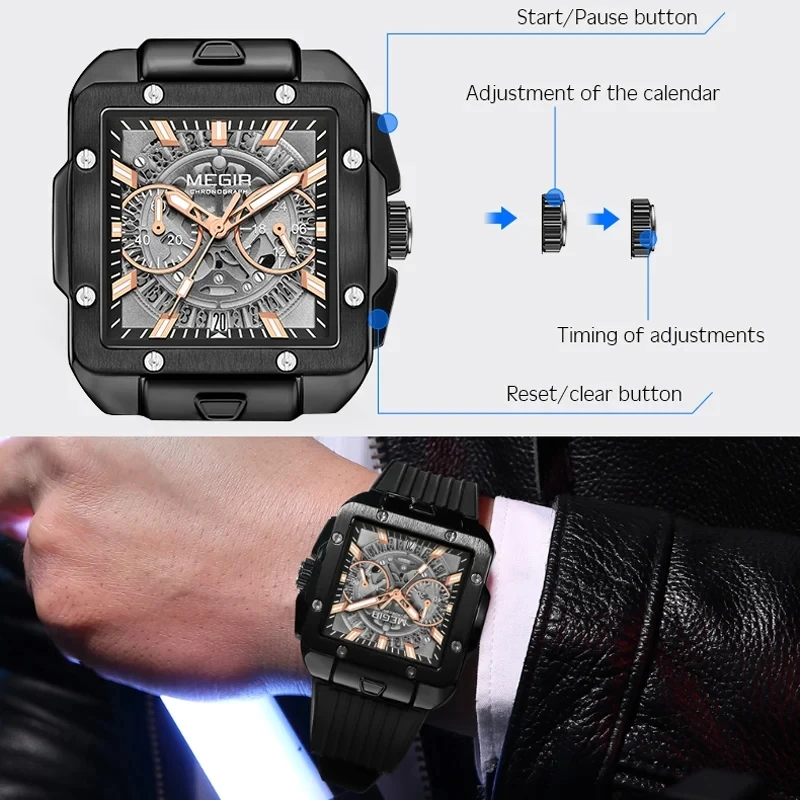 Reloj MEGIR 2228 de cuarzo a la moda para hombre, esfera cuadrada, correa de silicona, cronógrafo multifunción resistente al agua, relojes deportivos luminosos para hombre