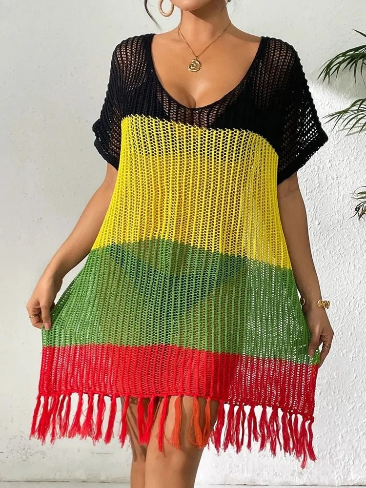 Women Solid Patchwork Bikini Cove Up Short Sleeve Lady Beach Dress Female Tassels Brazilian Swimsuit Cover-Ups