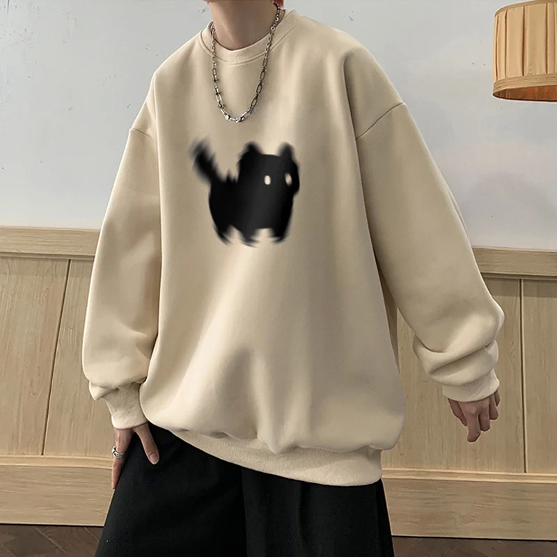 Cartoon Cat Print Hoodie Boys Spring And Autumn Loose Round Neck Large Size Tide Brand Coat,Black,White,Dark Gray Apricot M- 5XL