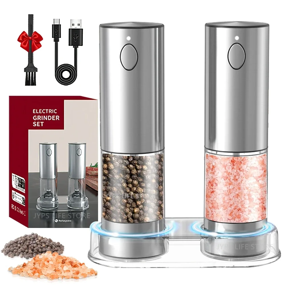 Electric Pepper Grinder Stainless Steel Salt and Pepper Grinder USB Rechargeable Adjustable Coarseness Spice Mill Kitchen Tool