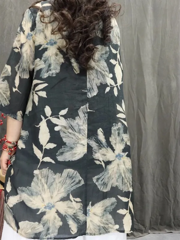 Retro Hemp Print irt Dr Casual Loose mid Sve V Ne Midi Length Top Summer Commute Sle Regular Sve Length