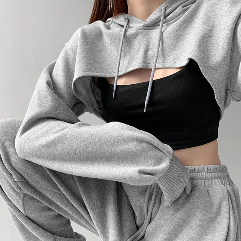 

Short Hoodies Streetwear Women Solid Long Sleeve Casual Hoodied Tops Ladies Fashion New Chic All-match Loose Sweatshirts