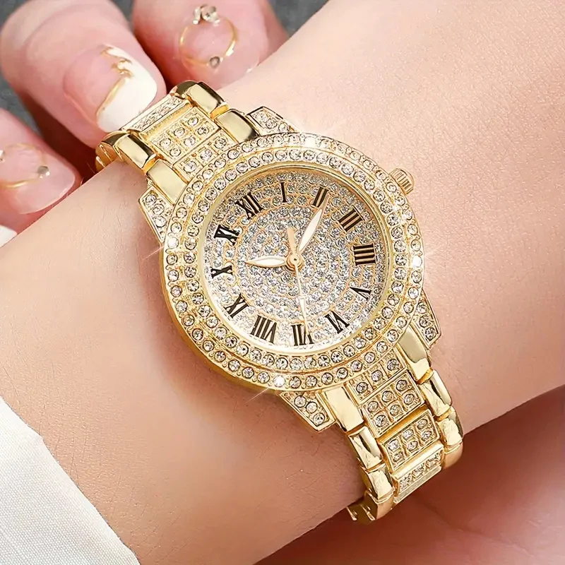 1PCS Luxury fashion gold silver rose gold alloy full diamond Roman quartz watch gift set business occasions all the pieces