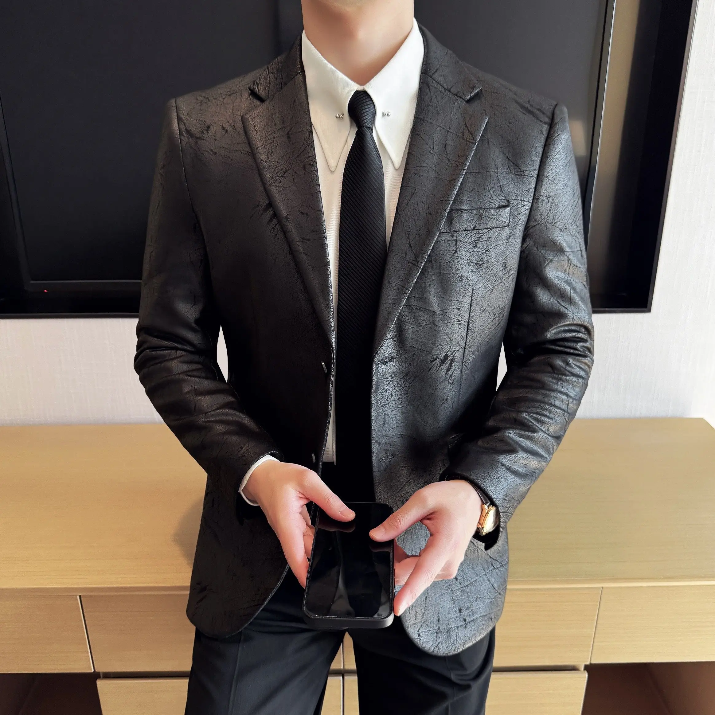 2026 Fashion New Men's Jacquard Leather Jacket High Quality Business Slimming Korean Edition Luxury Suit Coat Size 5XL-M