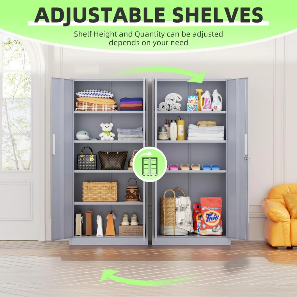 Gabinete de almacenamiento de garaje de metal, puertas con cerraduras y estantes ajustables, almacenamiento alto, gabinete de herramientas de acero resistente para el hogar