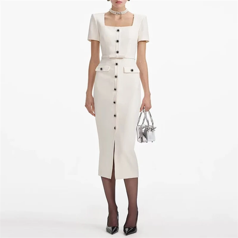 

Spring Summer New Women's Square Collar Bow Belt Y2K High Quality Short Sleeve Dress Gem Button Decorated Long Skirt