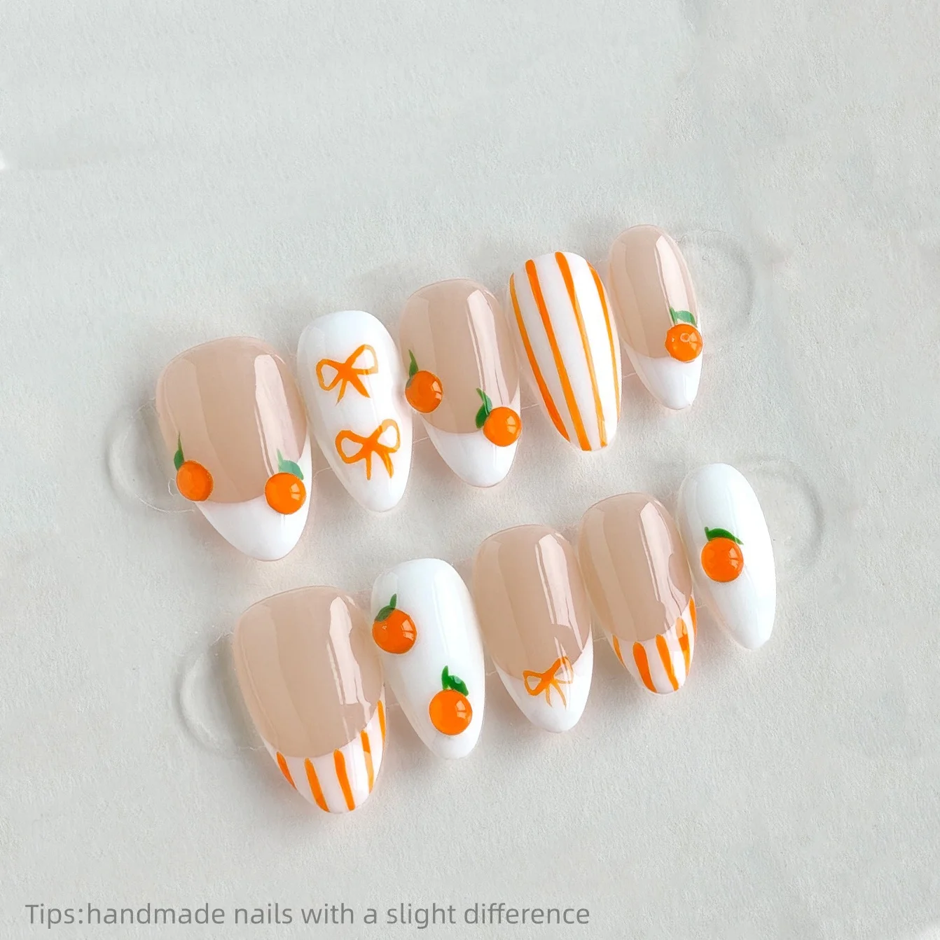 10pcs Handmade Nude Orange Tangerine Bow Press on Nails Almond Short Wearable Reusable Cute False Nails 2026