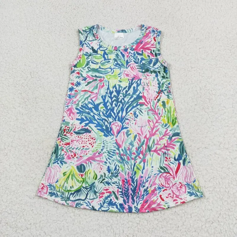 New rts baby girl summer dress wholesale boutique seaweed pattern sleeveless girls dress GSD1139