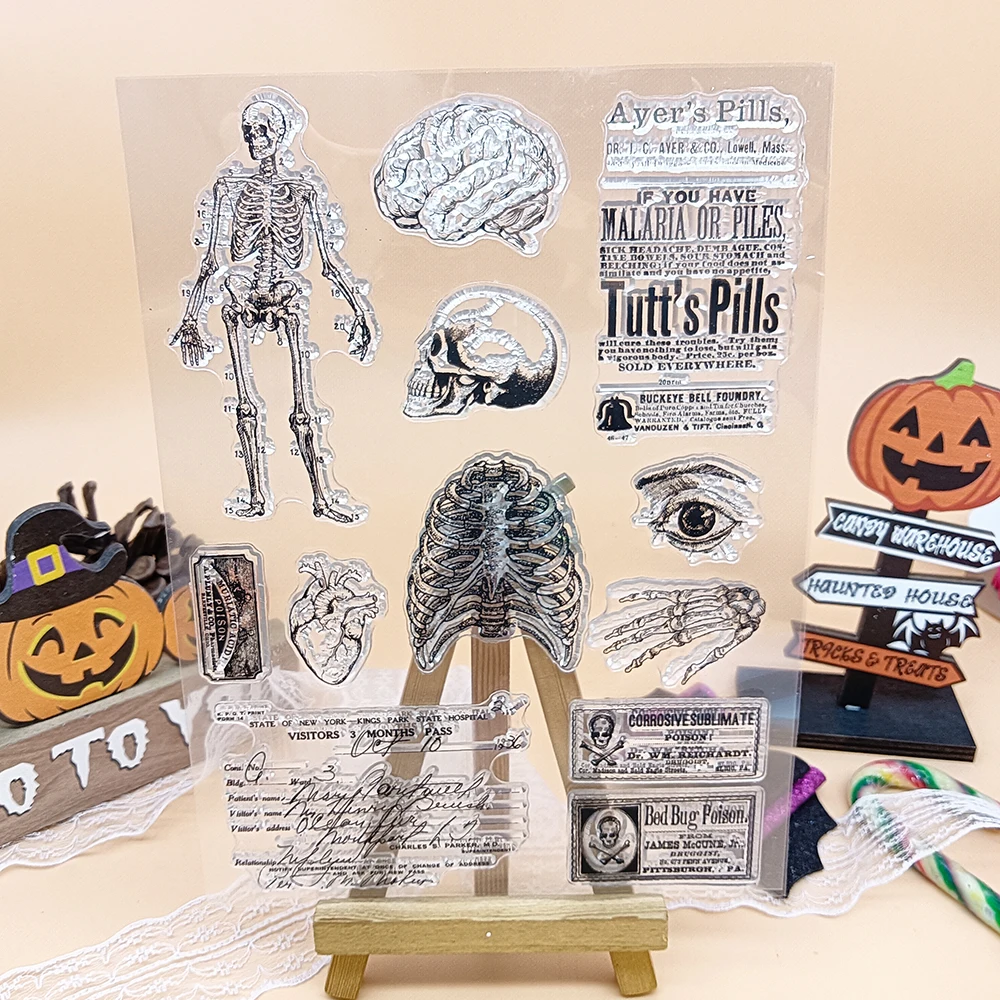 Halloween Skeleton Skull Clear Stamps For Junk Journal, Halloween Decoration, Gift Card Making, Silicone Transparent Clear Stamp