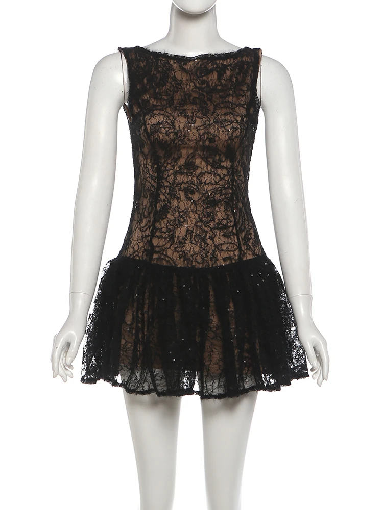 Estranho gato sexy jacquard borla vestido feminino doce sem costas arco sem mangas retalhos em camadas moda chique festa clube mini bodycon