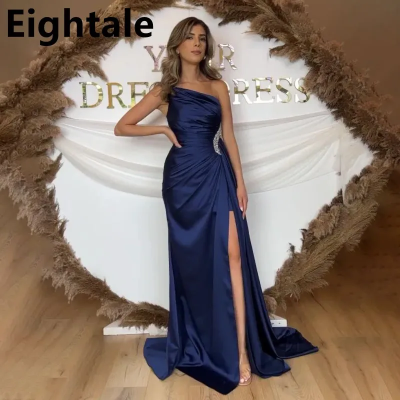 Eightale Navy Blue Mermaid Evening Dress One Shoulder Satin Dress With Pleats Beaded Formal Prom Party Gown Celebrity Dress