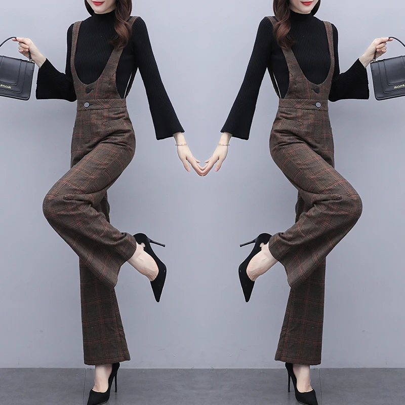 Plaid woolen suspenders suit  jumpsuit women new wide-leg pants long casual fashion enteritos mujer