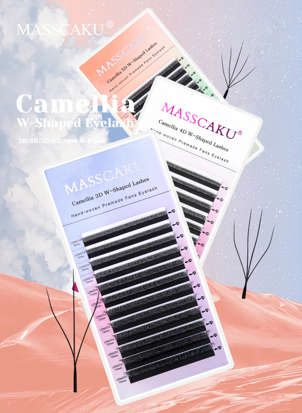Neuankömmling Camellia 3D 4D W-förmige Wimpern 0,07 mm C D Curl Rapid Bloom Wimpernverlängerung Leichte flauschige Wimpern von MASSCAKU – Detail 1