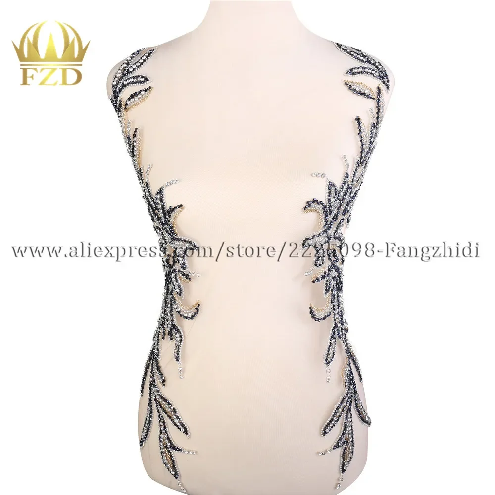FZD 1 Piece Handmade Sew-on Beaded Crystal Rhinestone Applique Patches With Gauze for Wedding Dress DIY Bridal Waist Decoration
