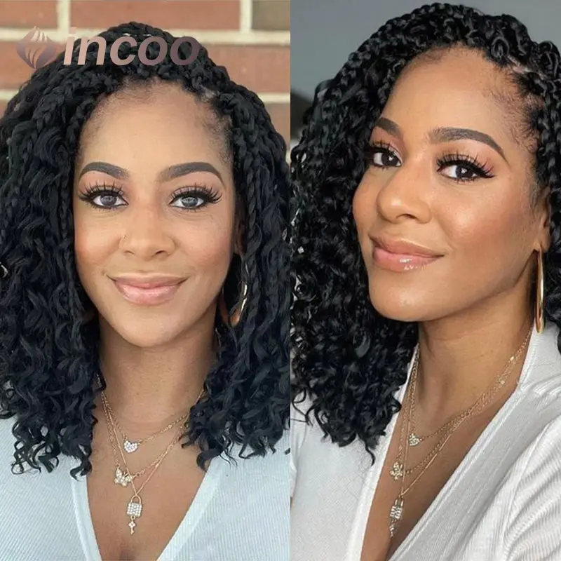 

Synthetic Locs Goddess Cornrow Braids Short 12 Inch Bohemian Curly Braided Full Lace Front Wigs Knotless Box Braid Bob Wig Women