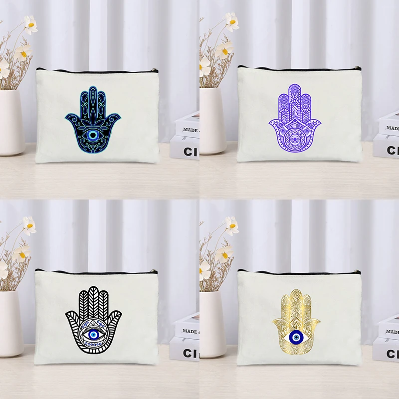 Hamsa Hand Pattern Makeup Bag Evil Eye Hand of Fatima Protection Charm Cosmetic Case Minimalist Boho Hand Toiletry Pouch Wallet