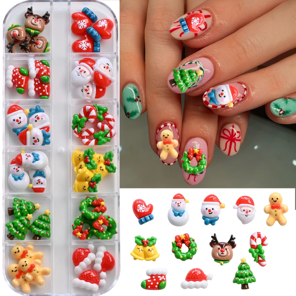 12Grids/Box 3D Christmas Nail Art Charms Set Santa Claus/Socks/Wreath/Reindeer/Snowman Nail Decor Cartoon Resin Nail Accessories