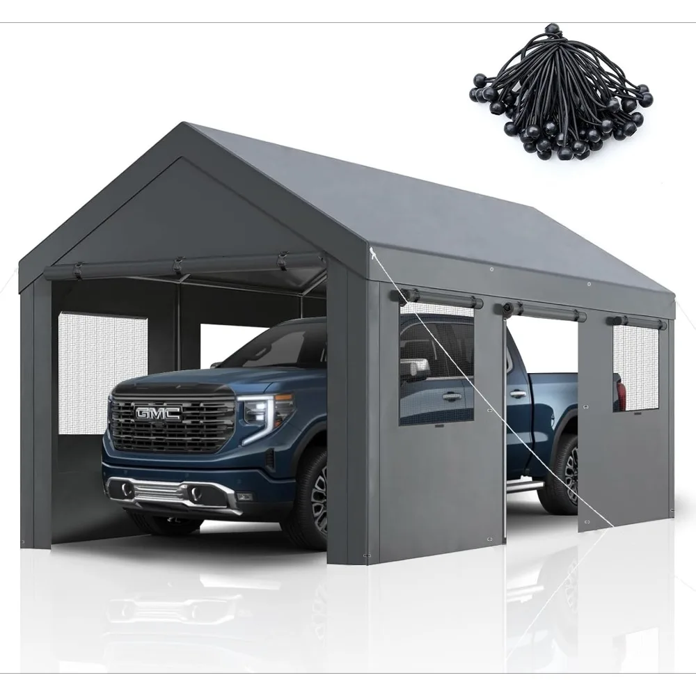 

10x20ft Carport with Roll-up Ventilated Windows & Side Door, UV Resistant Waterproof All-Season Tarp, Portable Heavy Duty Garage