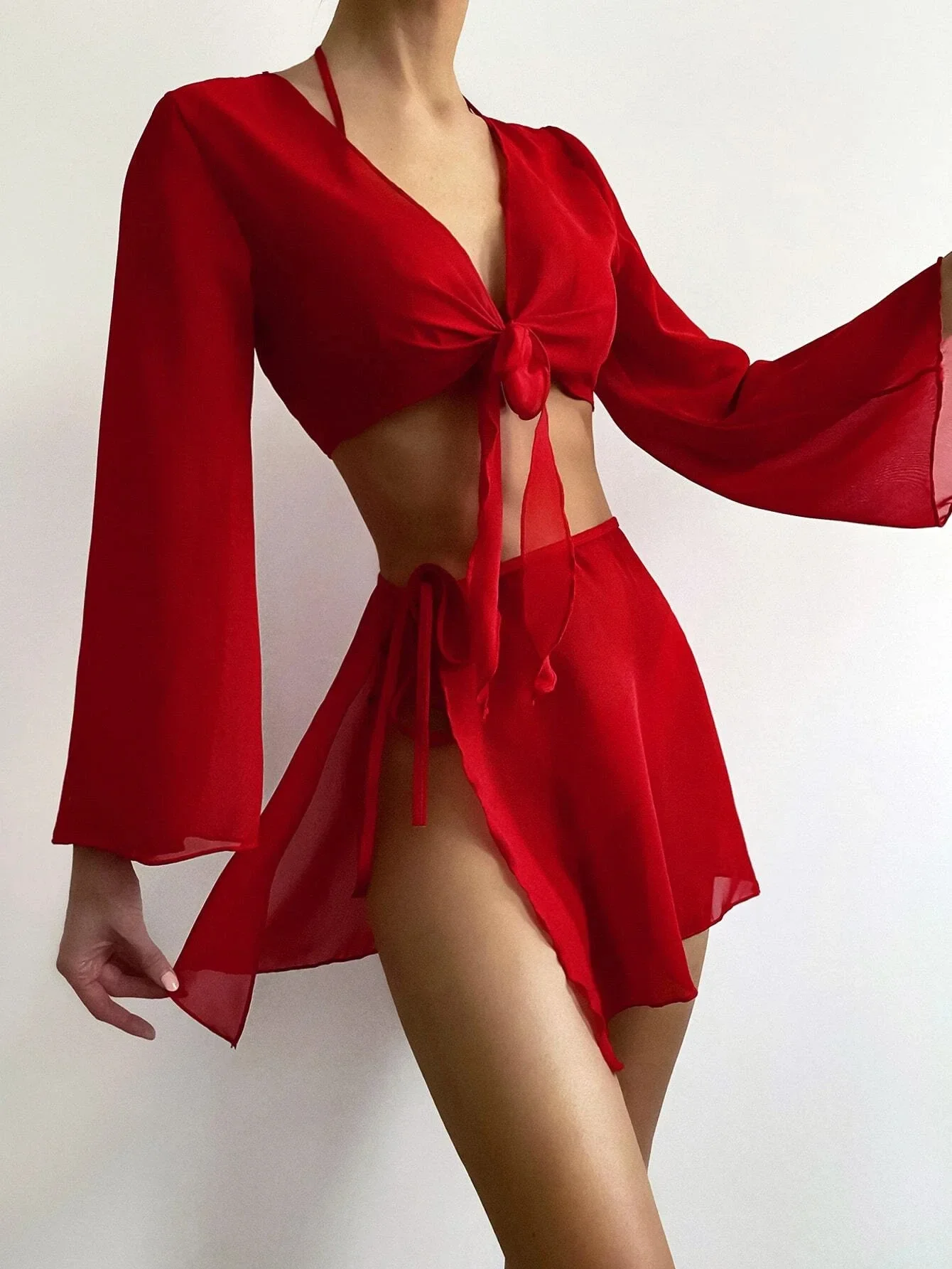 

2025 Summer Push Up Beach Bathing Suit Thong Swimwear 4pcs Red Bikinis Sets Women Mesh Long Sleeve Cover Up with Skirt Swimsuit