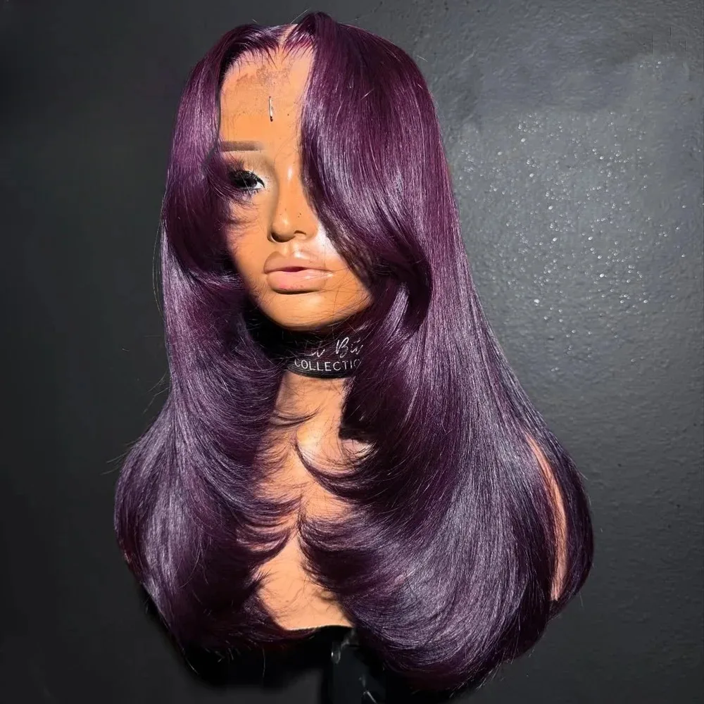 13X4 Dark Purple Straight Lace Front Wigs HD Layered Cut Lace Frontal Wig Synthetic Pre Plucked Glueless Lace Wigs For Women