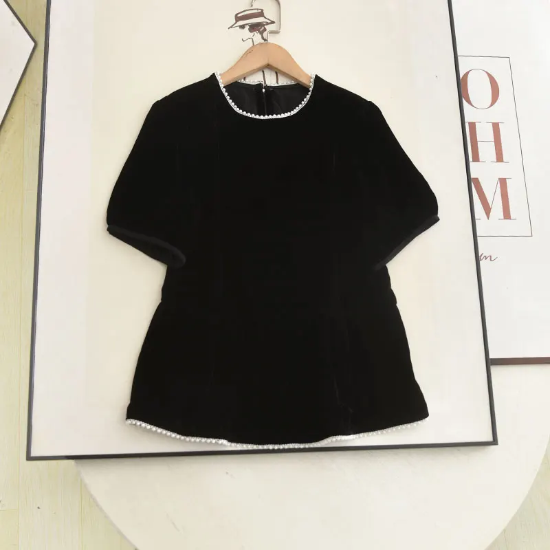 

Ele Hepburn Sle Velvet Top Women's round Ne Embellied irt Breathable French Sle ort Sve Girl's Faion