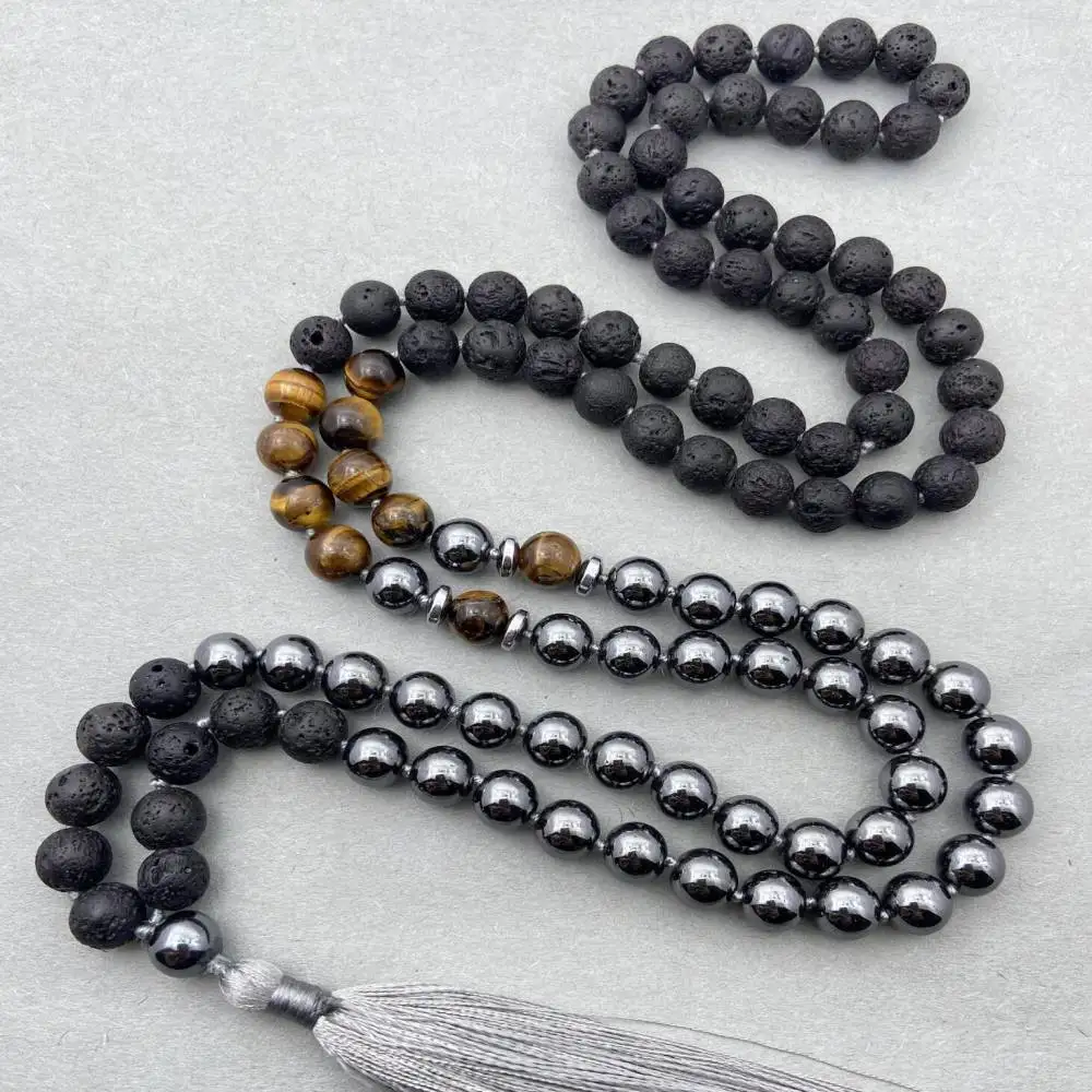 

Natural Lava Rock, Tiger Eye & Hematite 108 Mala Beads Necklace Grounding & Protection Healing Crystal Jewelry