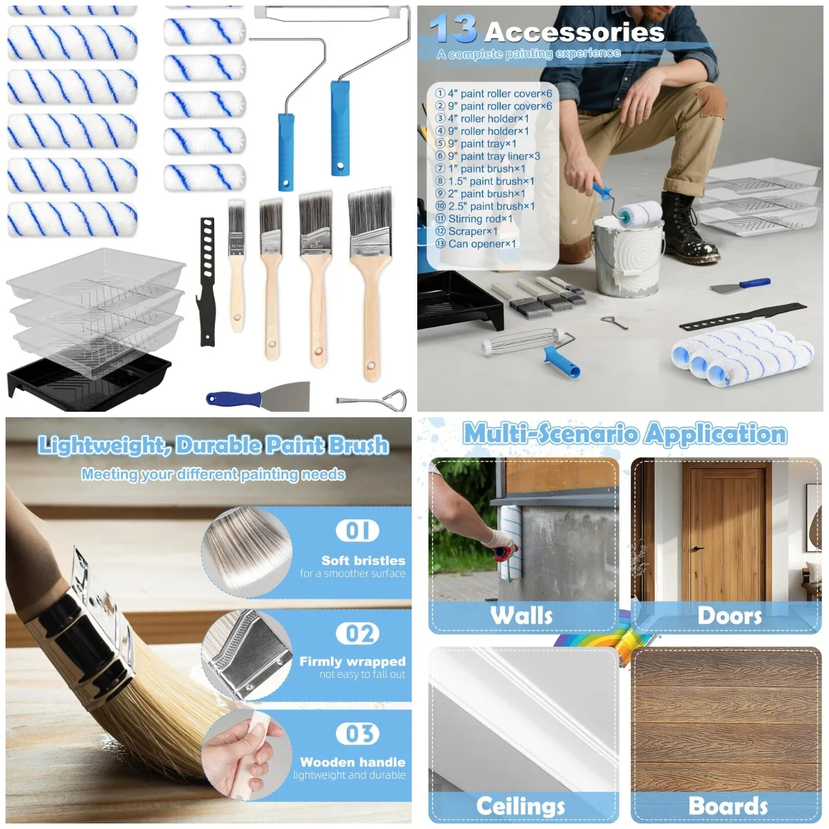 

25-Piece Paint Roller Kit, 9' & 4' Microfiber Rollers, Paint Brushes for Walls, Blue