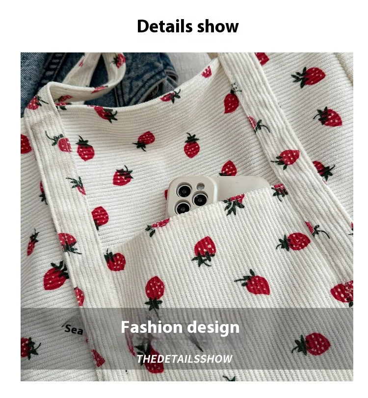 Cordhandtasche Erdbeeren Strandtasche Modische vielseitige Umhängetasche Große Kapazität Einfache Pendler-Damen-Einkaufstasche Bolsos – Detail 4