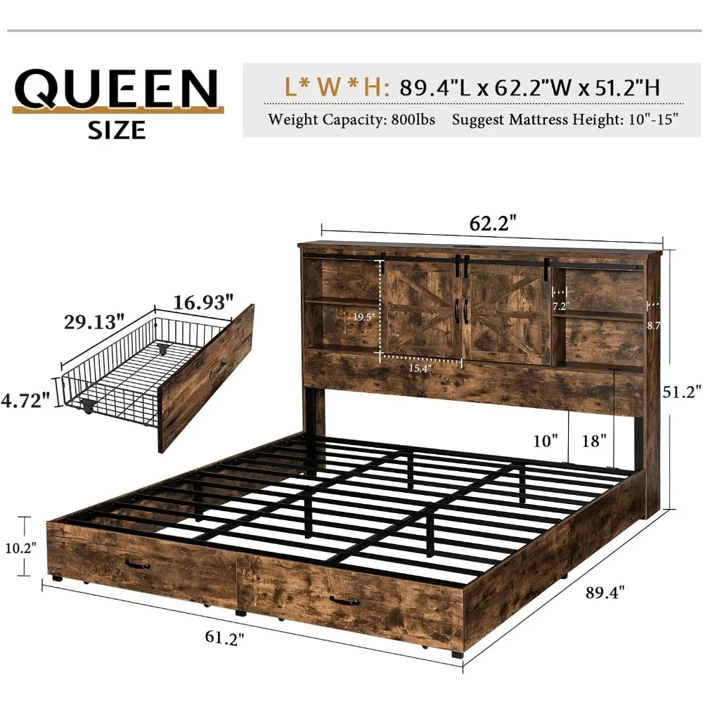 Деревянная кровать размера «queen-size» с изголовьем книжного шкафа, двумя ящиками и зарядной станцией — коробчатая пружина не требуется