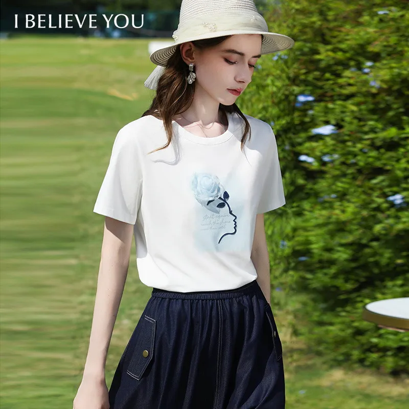 I BELIEVE YOU Short Sleeve Crew Neck Women's T-Shirt 2026 New Letter Print Mesh 3D Rose Casual Commuter Top For Women 2261016234