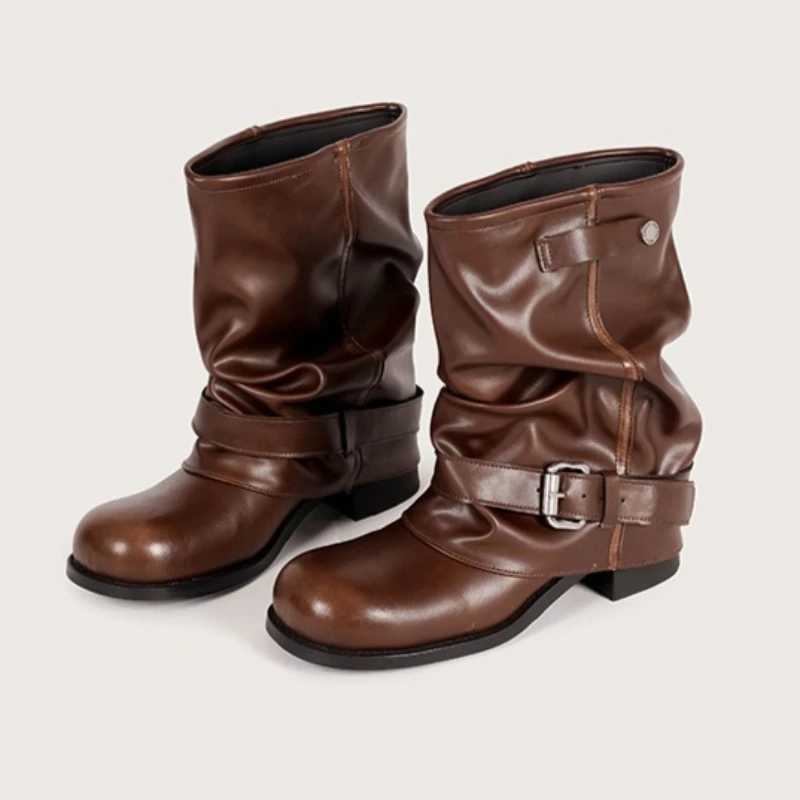 

Зимние дизайнерские женские рыцарские сапоги, плиссированные кожаные короткие сапоги на массивном каблуке, женские ковбойские сапоги в стиле ретро с металлической пряжкой на ремне