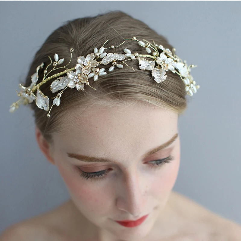 Gold Crystal Bridal Tiaras Pearl Diadem Wedding Headband Evening Bride Crowns Hair Accessories for Women